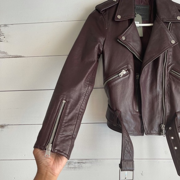 NWT All Saints Balfern Biker Leather Jacket Deep Red Size US 0 - Picture 6 of 12